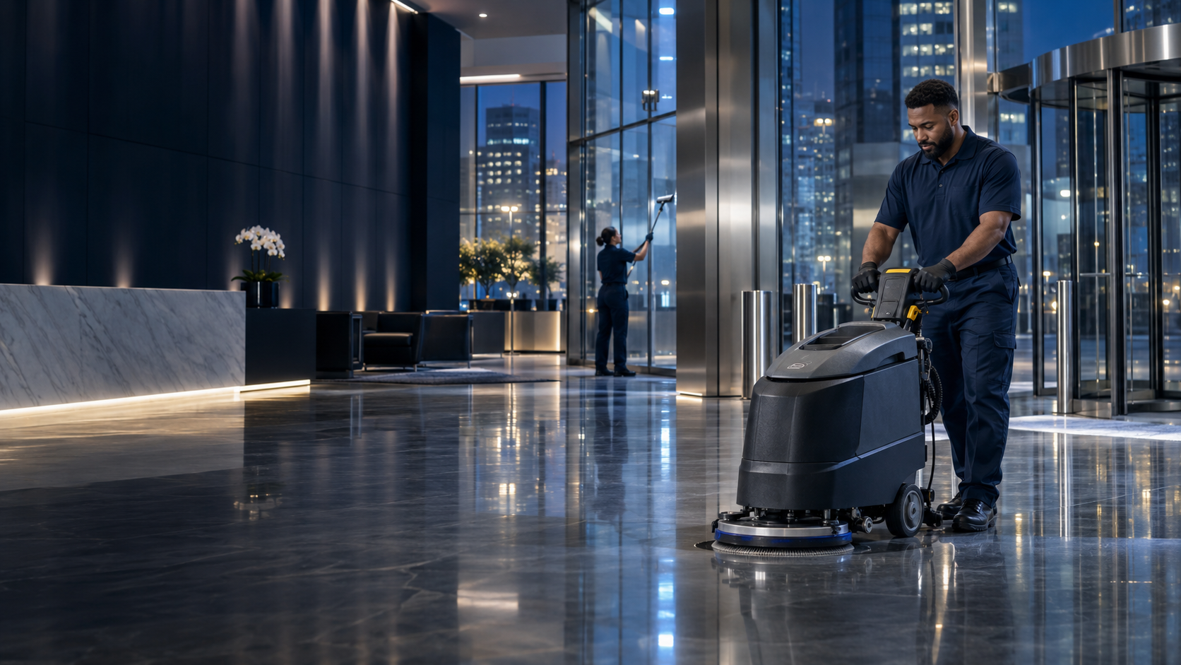 Commercial cleaning professionals maintaining a modern office lobby after hours